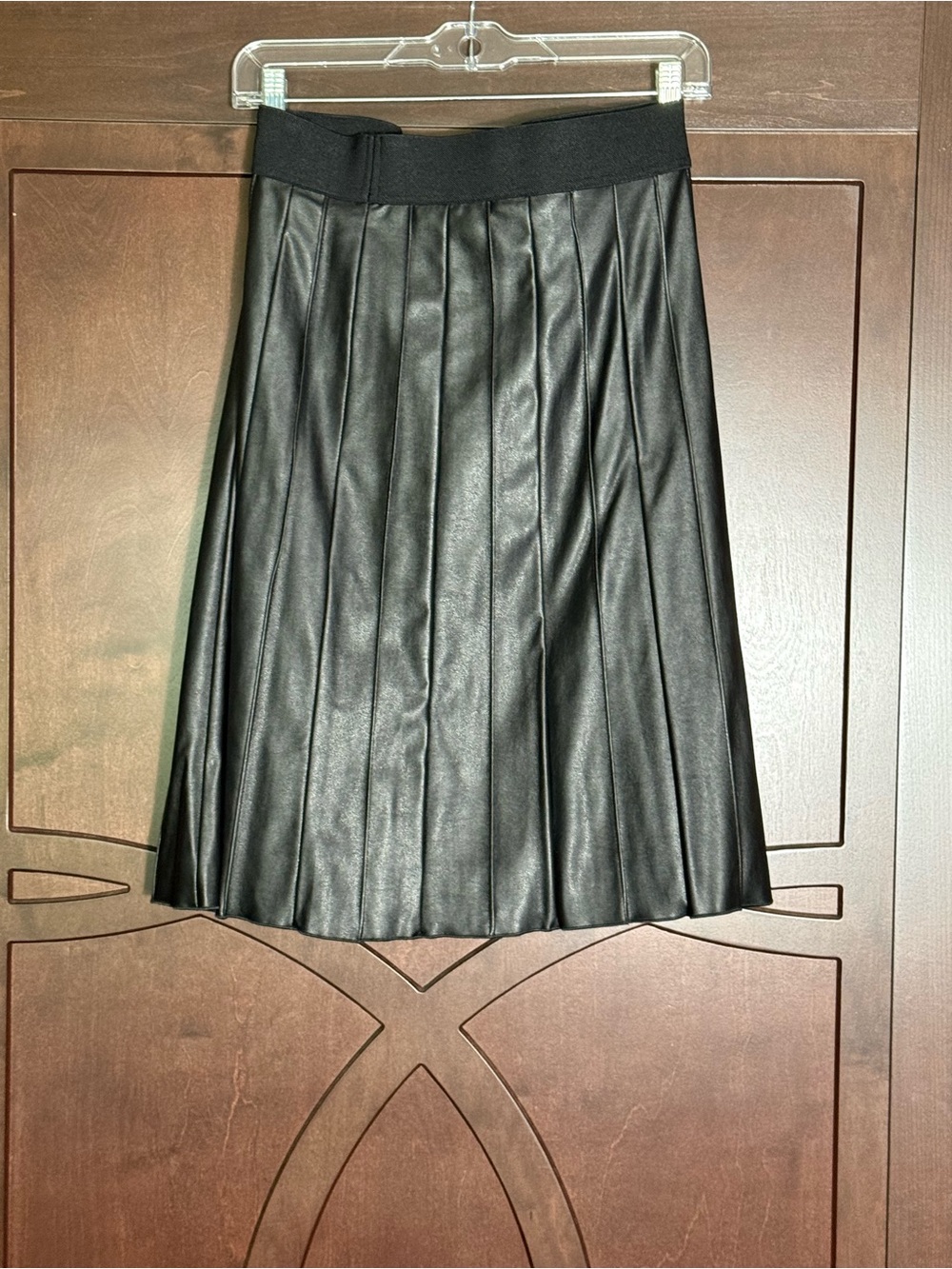 Black Pleated Faux Leather Skirt with Elasticized Waistband.  Plus Size